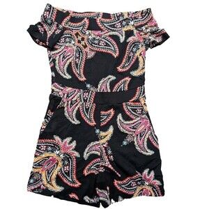 New York & Company Romper Sz XS Womans Black Paisley Off the Shoulder Cotton